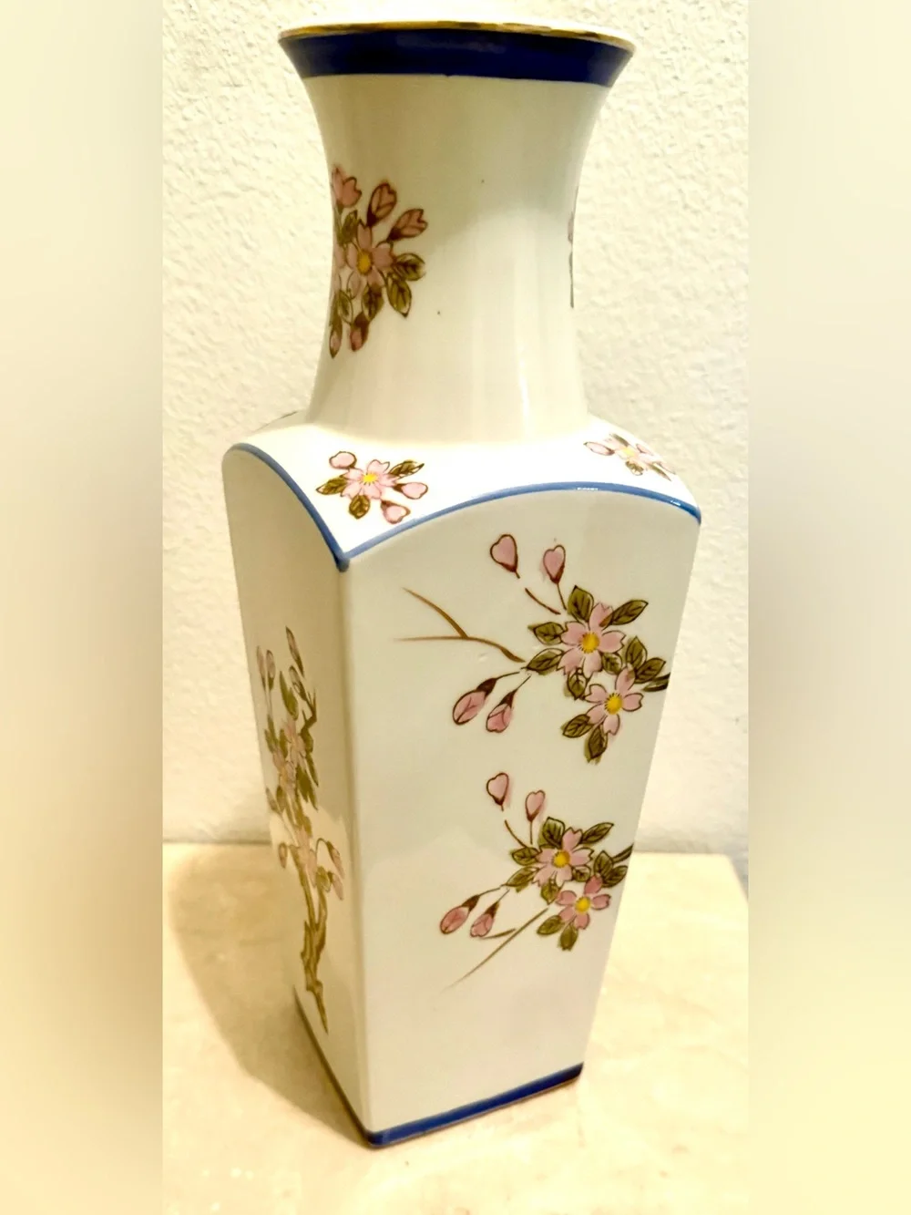 Japanese 12.25” vase. White porcelain hand-painted cherry blossoms & gold rim.
